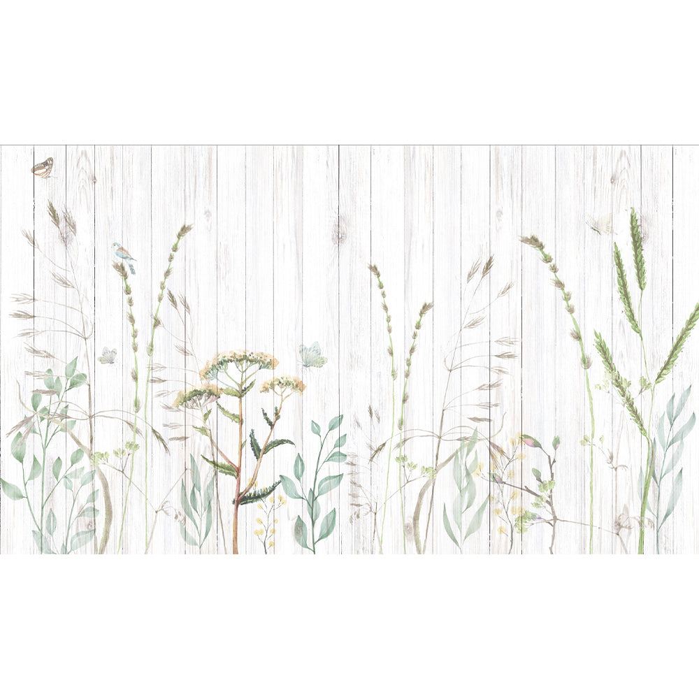 Papel Mural Jardín Flores con Fondo Madera