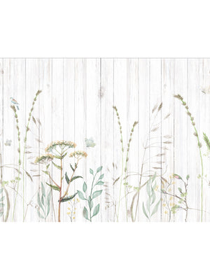 Papel Mural Jardín Flores con Fondo Madera