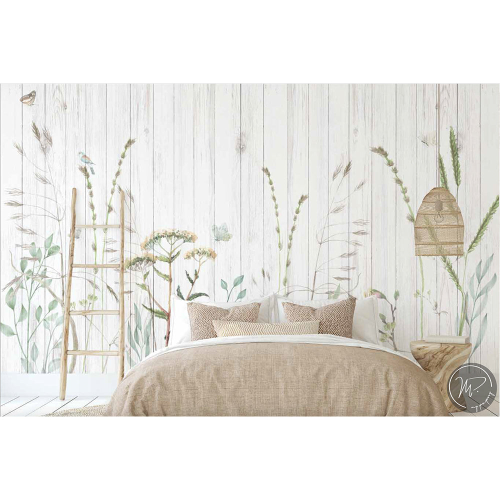 Papel Mural Jardín Flores con Fondo Madera