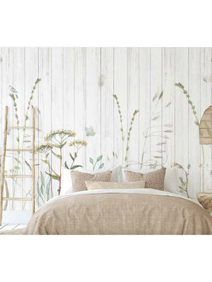 Papel Mural Jardín Flores con Fondo Madera